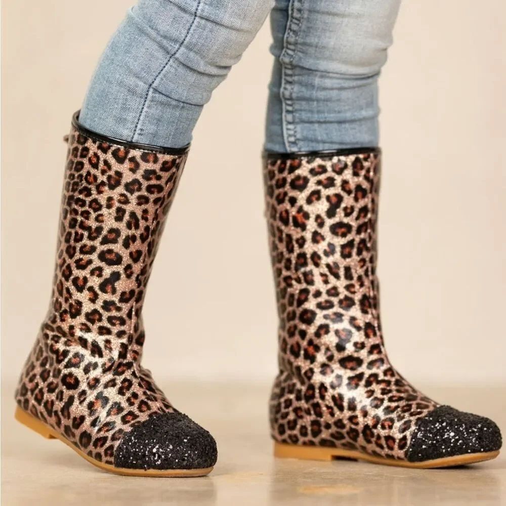 Girls Leopard Print Black Glitter Cap Toe Boots By Liv And Mia Shoes